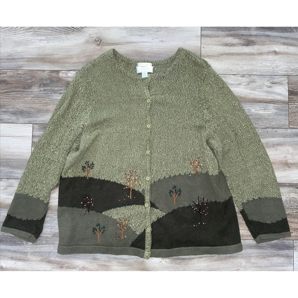 Christopher & Banks Hand Embroidered Fall Landscape Cardigan Sweater Green 2X